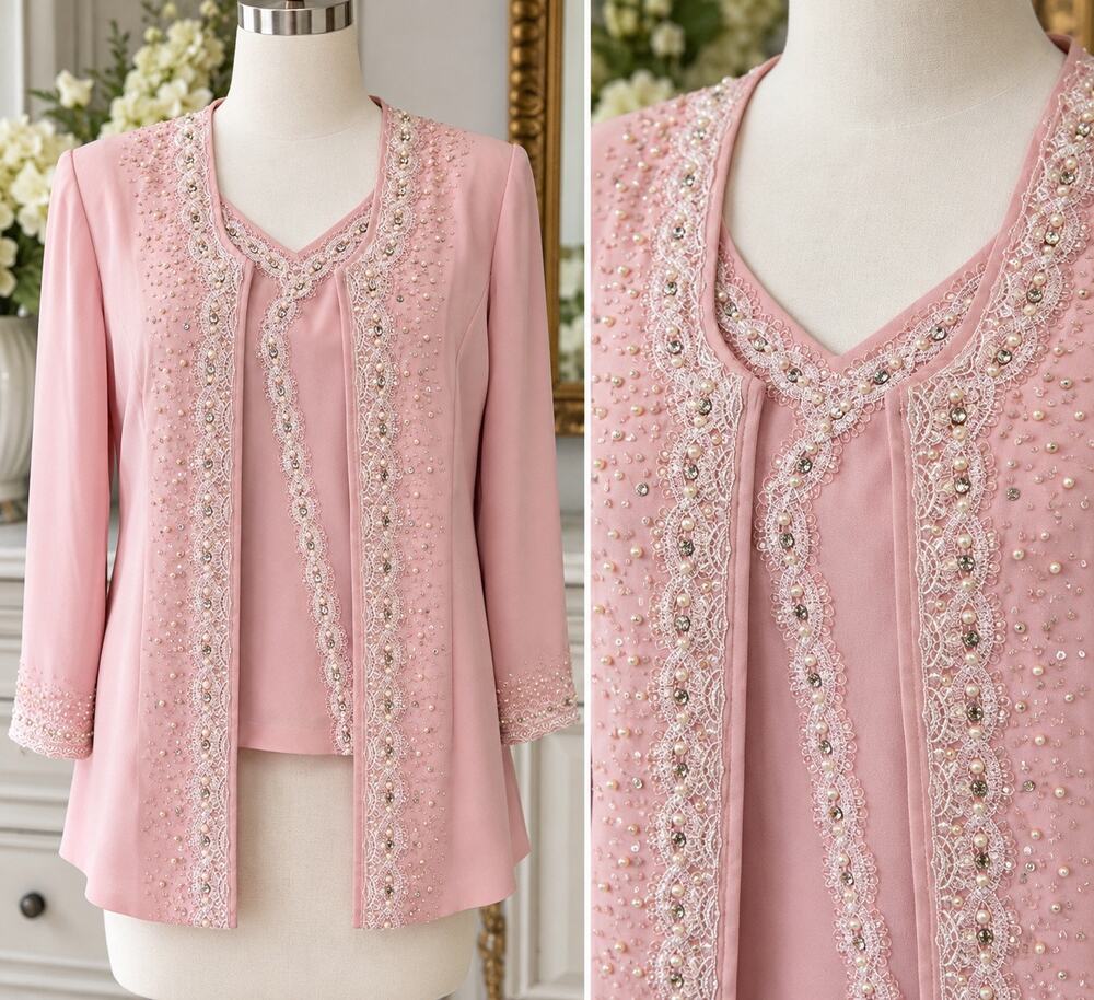 Vintage Leslie Fay International Pink Beaded Jacket & Shell Set Size 12